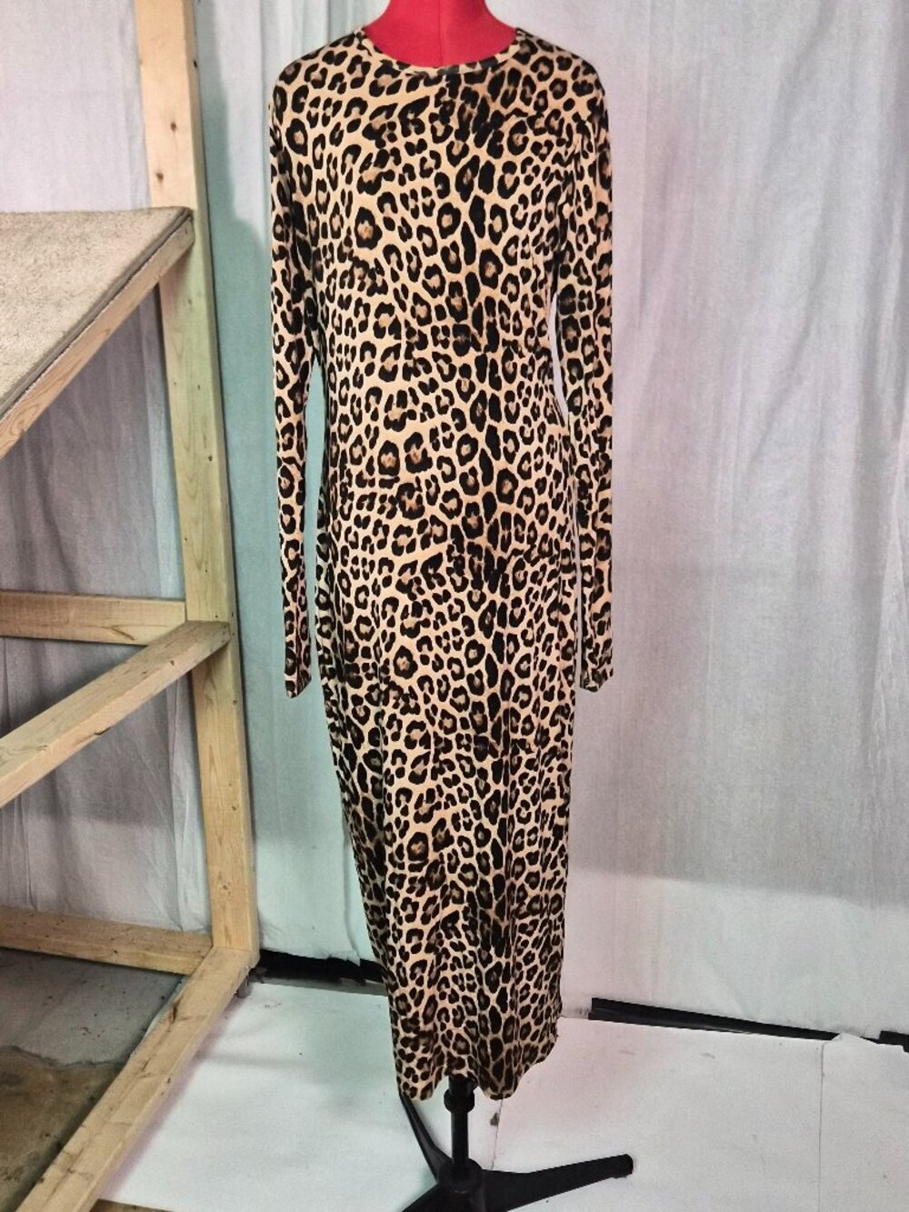 Good American Dress Caramel Leopard Print Long Sleeve Maxi Size XL Stretch G449